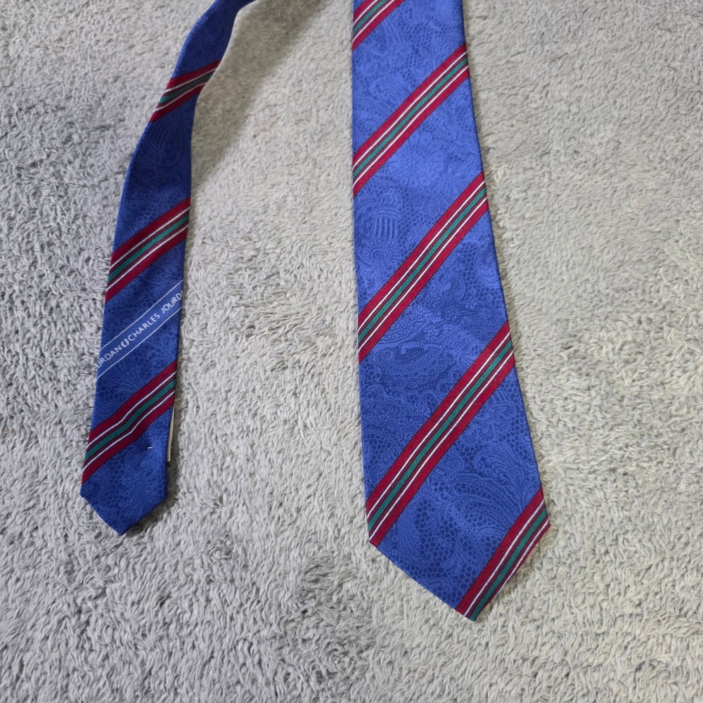 Charles‎ Jourdan Mens Silk Necktie Blue Red Green Striped Paisley Jacquard Italy